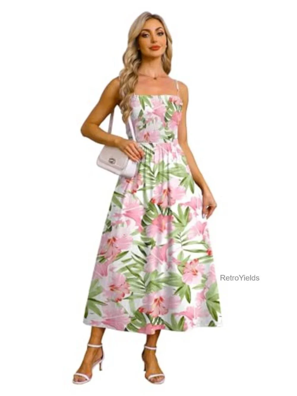 OFEEFAN Spaghetti Strap Maxi Dress Smocked with Pockets Polyester Spandex